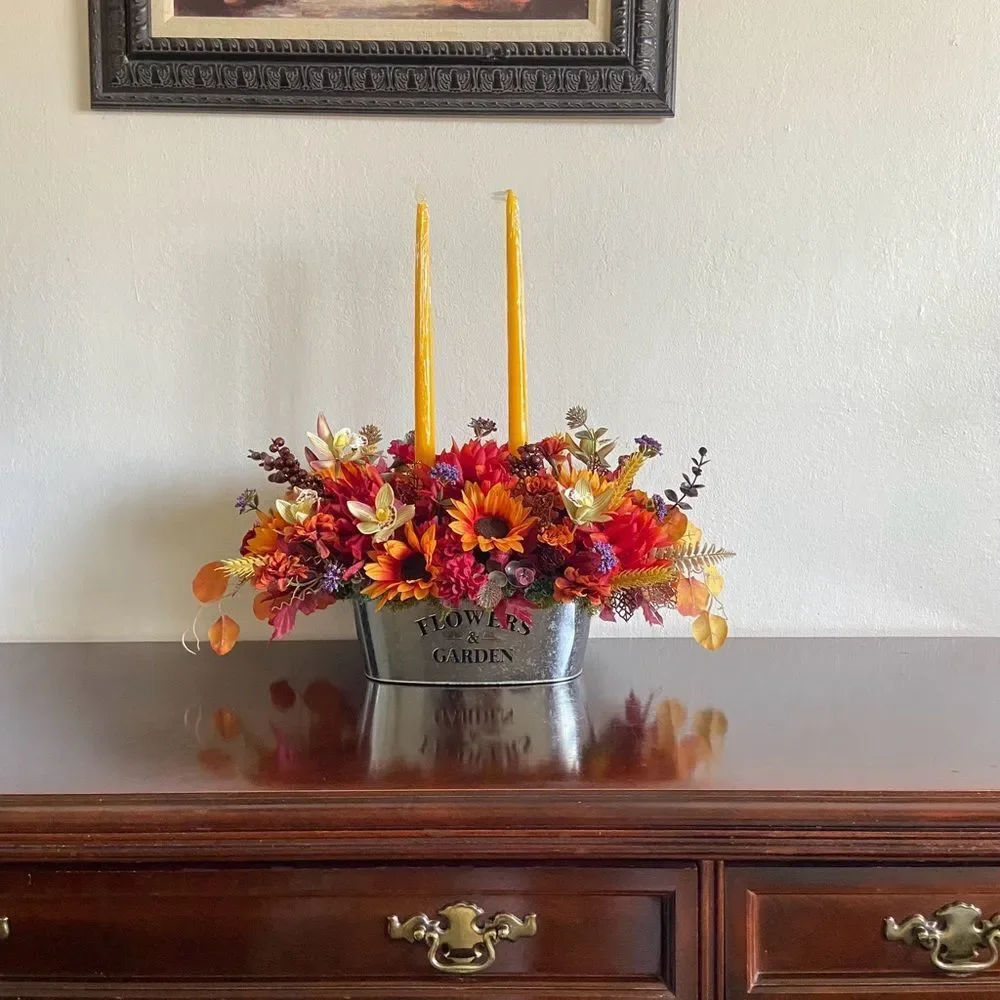 Faux Floral Candle Centerpiece with Sunflowers/Orchids/Mums